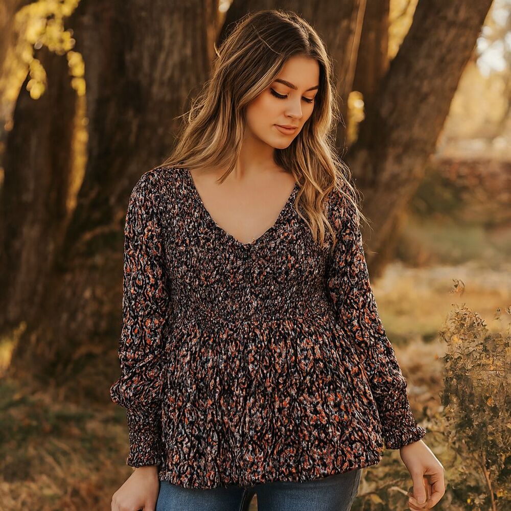 Fat Face UK Smocked Baby Doll Top Womens Sz 12 Dark Ikat Print Cotton Modal Boho